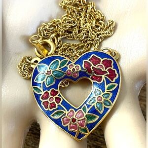 Enamel Heart Pendant Necklace Gold Tone Vintage Hawaii